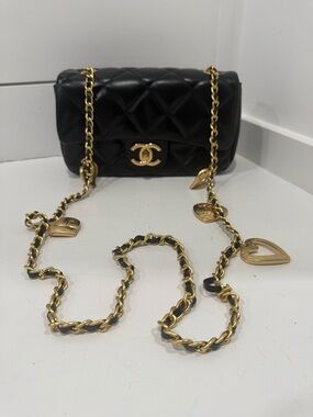 Chanel Black Quilted Leather Mini Crossbody with Gold Chain and Heart Charms